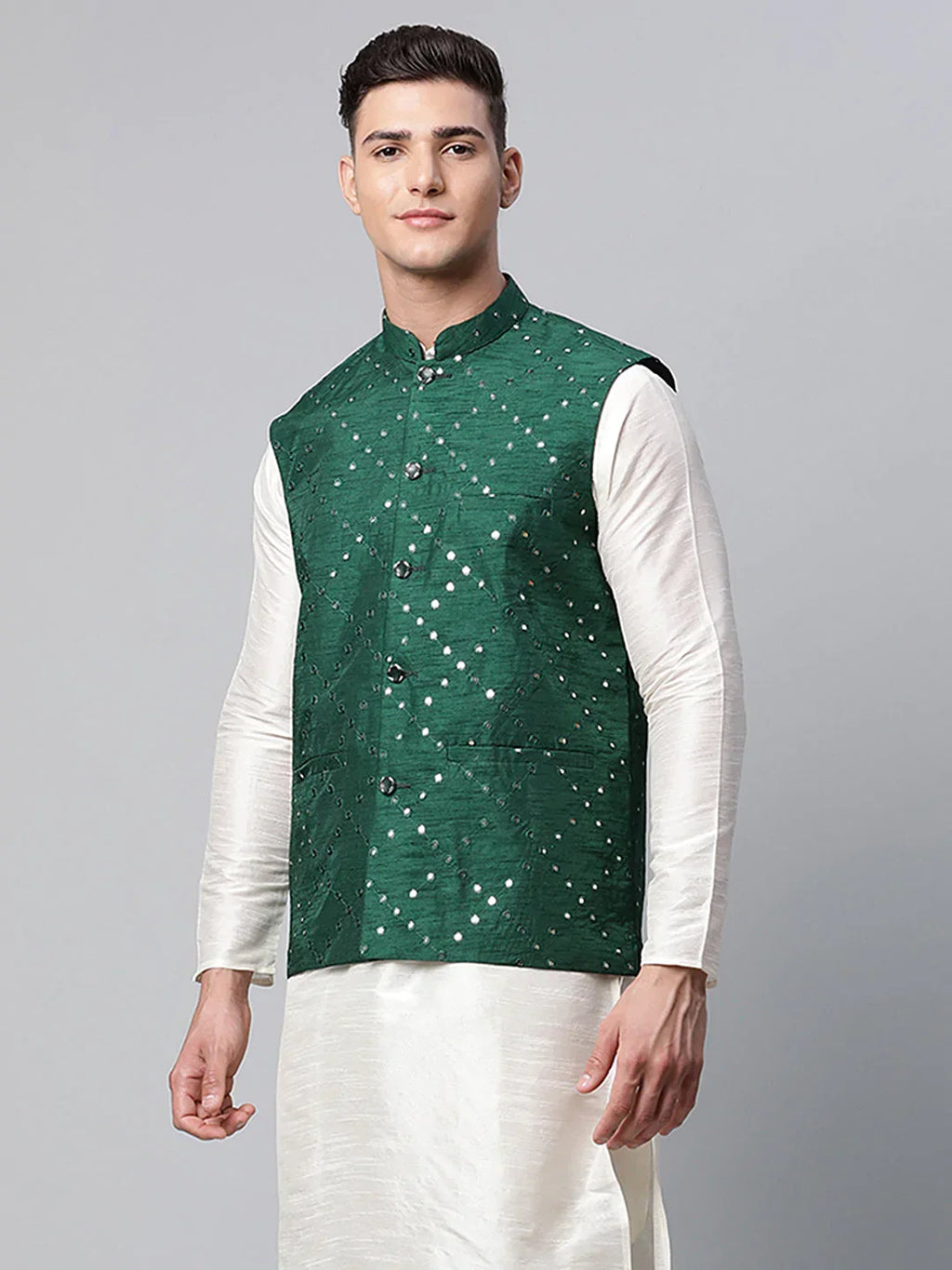 Jompers Men's Green Mirror Work Embroidered Nehru Jacket | Grocsy