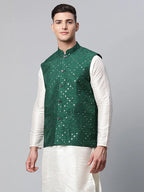 Jompers Men's Green Mirror Work Embroidered Nehru Jacket | Grocsy