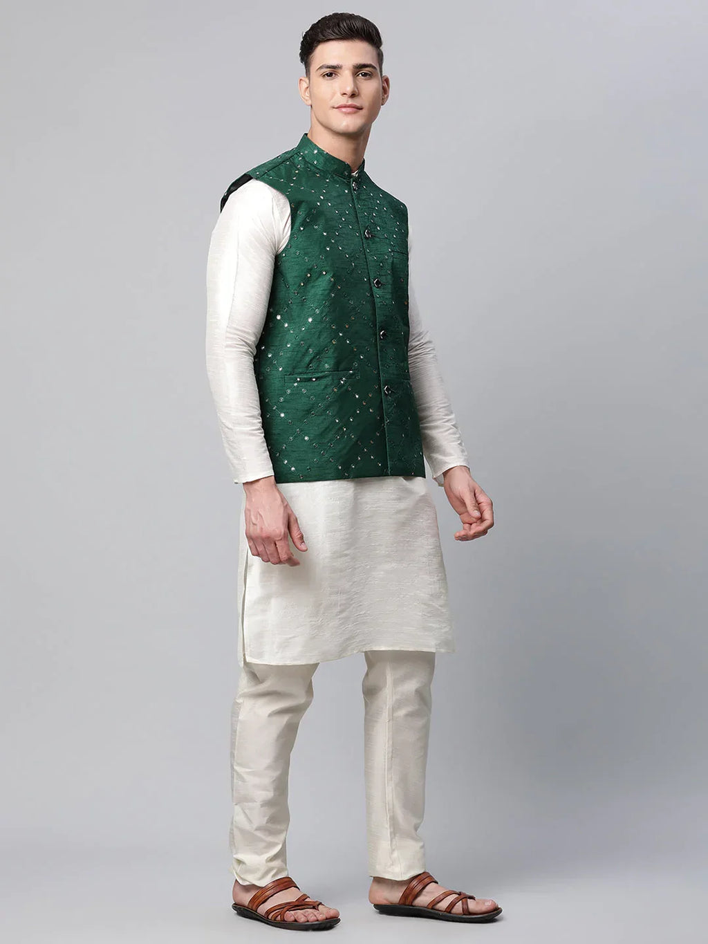 Jompers Men's Green Mirror Work Embroidered Nehru Jacket | Grocsy