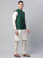 Jompers Men's Green Mirror Work Embroidered Nehru Jacket | Grocsy