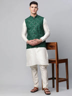 Jompers Men's Green Mirror Work Embroidered Nehru Jacket | Grocsy