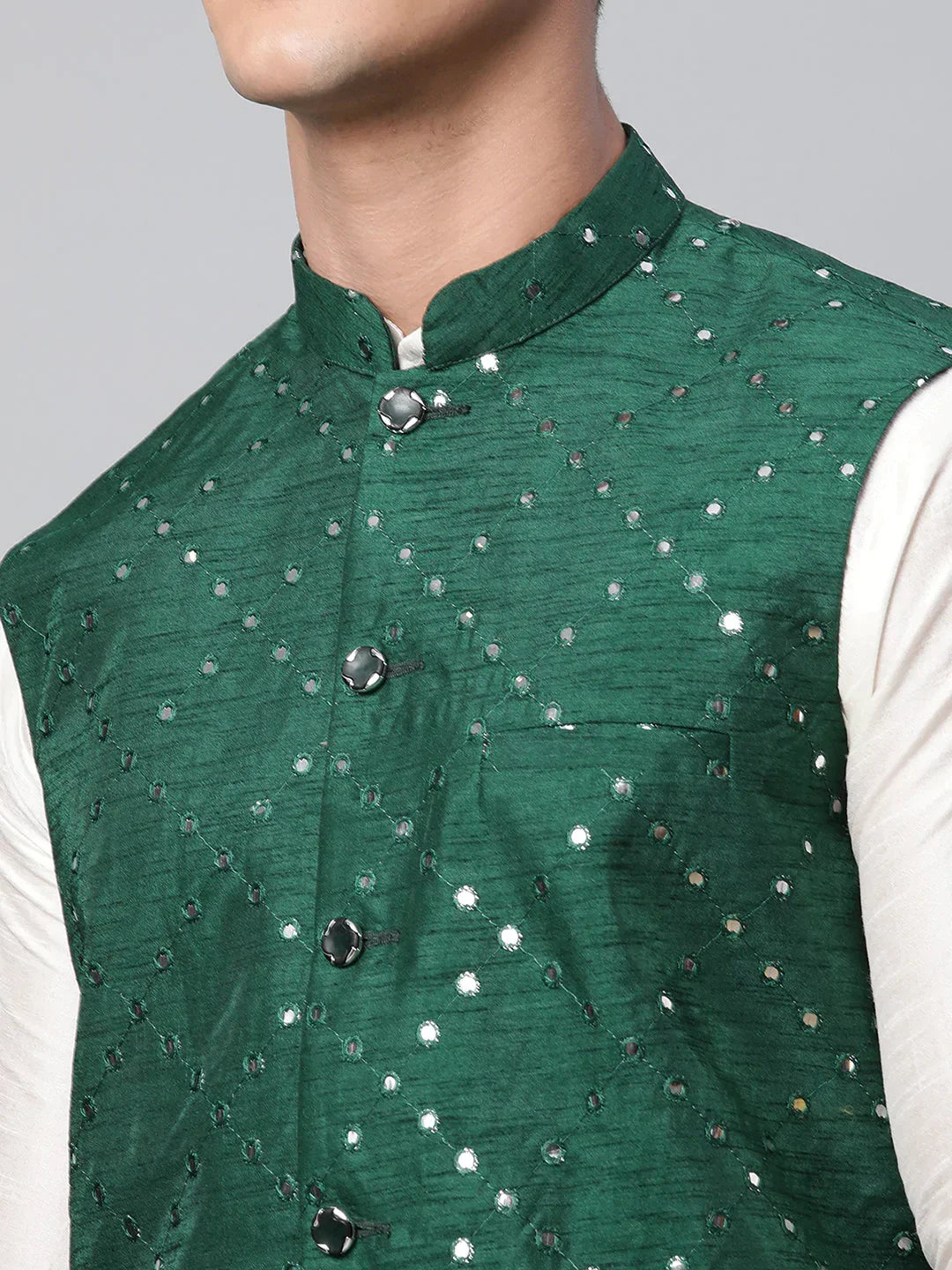 Jompers Men's Green Mirror Work Embroidered Nehru Jacket | Grocsy