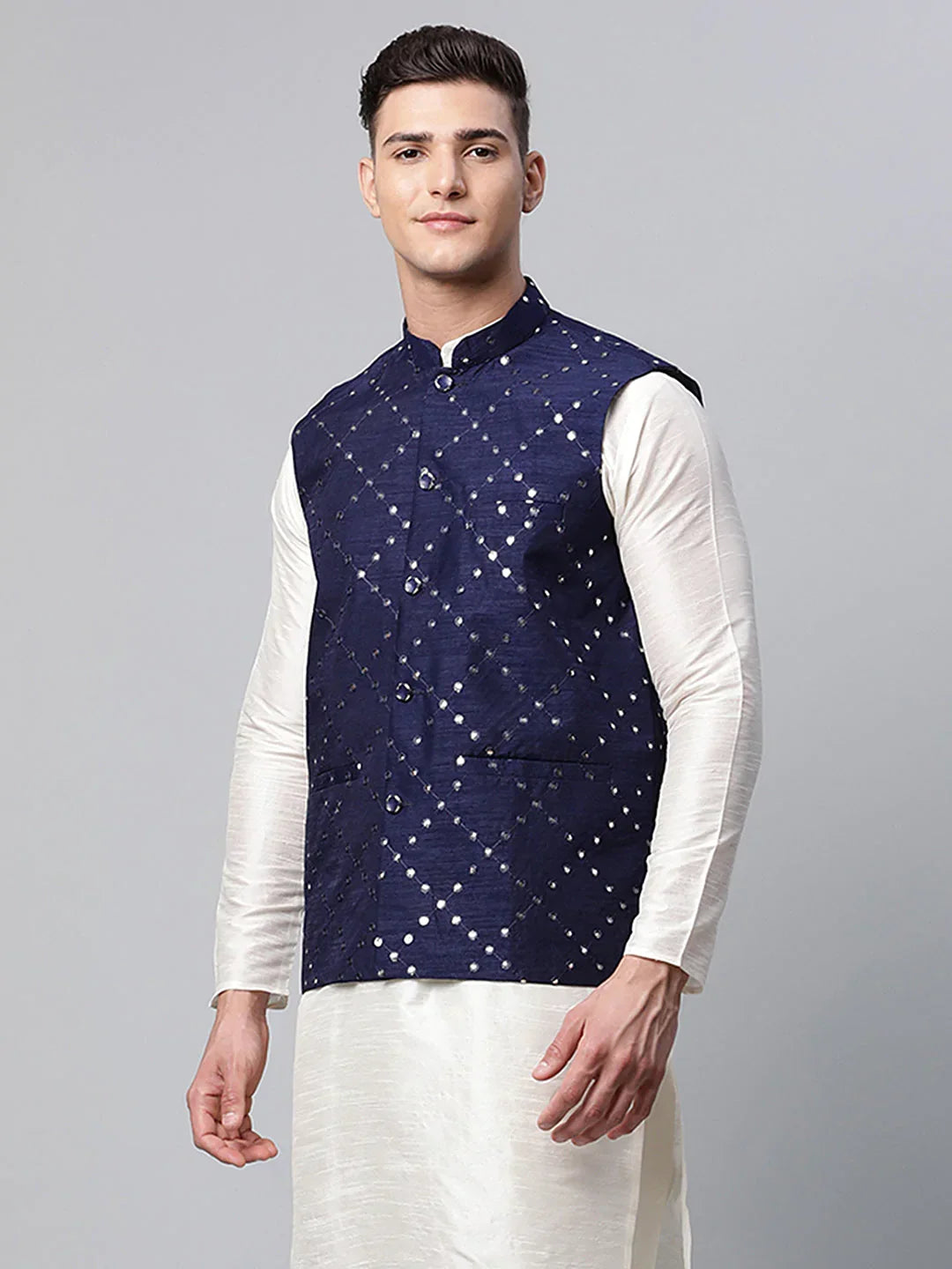 Jompers Men's Navy Mirror Work Embroidered Nehru Jacket | Grocsy