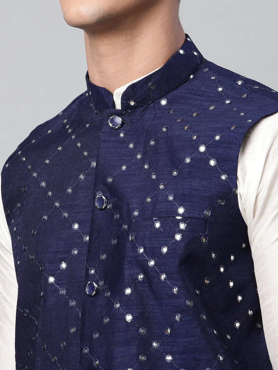 Jompers Men's Navy Mirror Work Embroidered Nehru Jacket | Grocsy