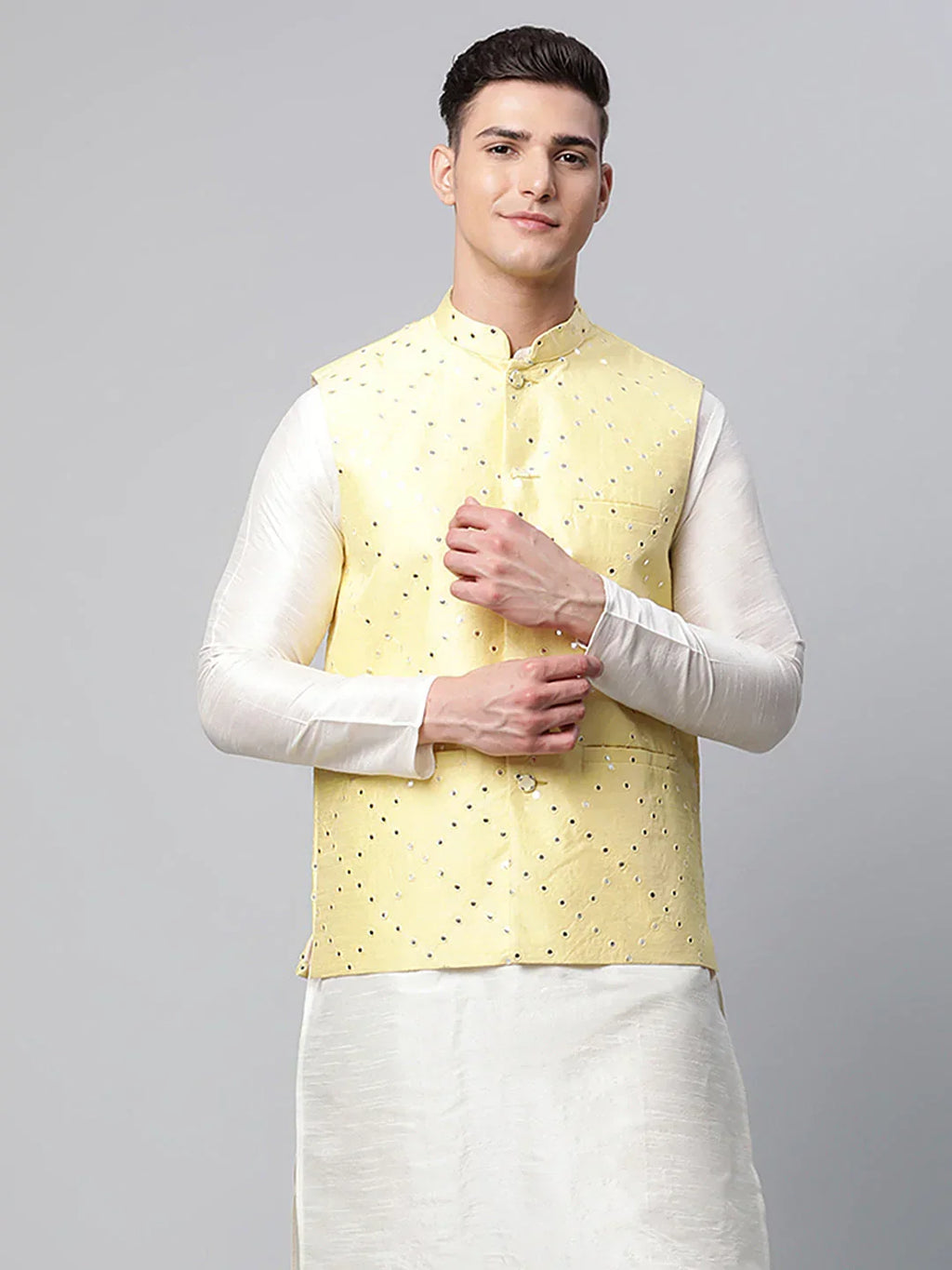 Jompers Men's Yellow Mirror Work Embroidered Nehru Jacket | Grocsy