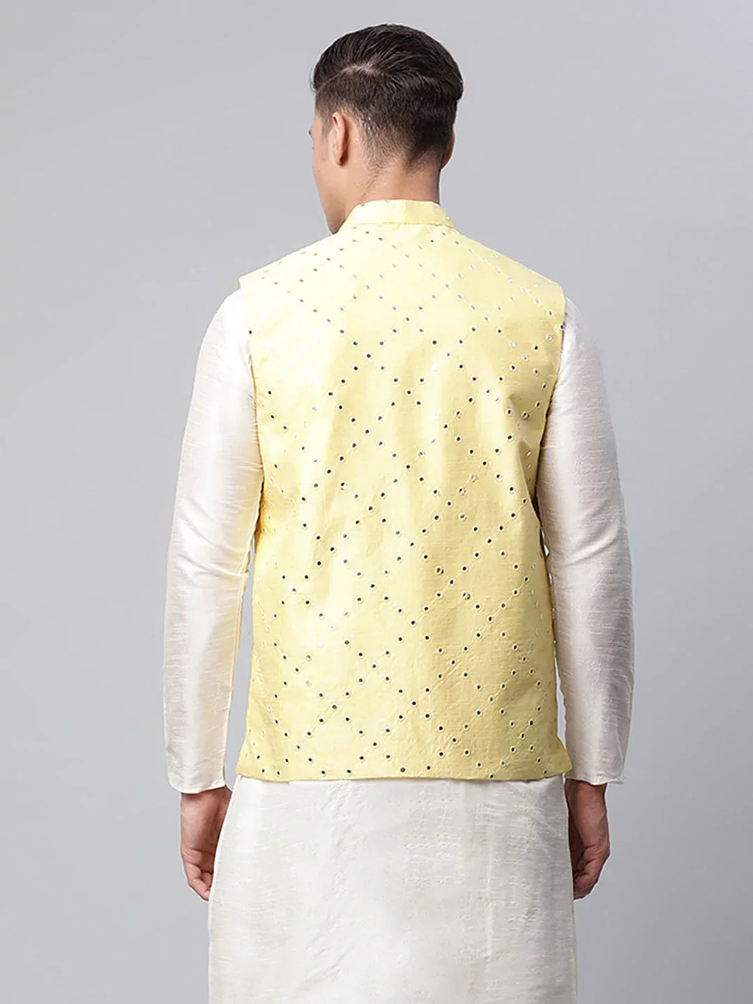 Jompers Men's Yellow Mirror Work Embroidered Nehru Jacket | Grocsy