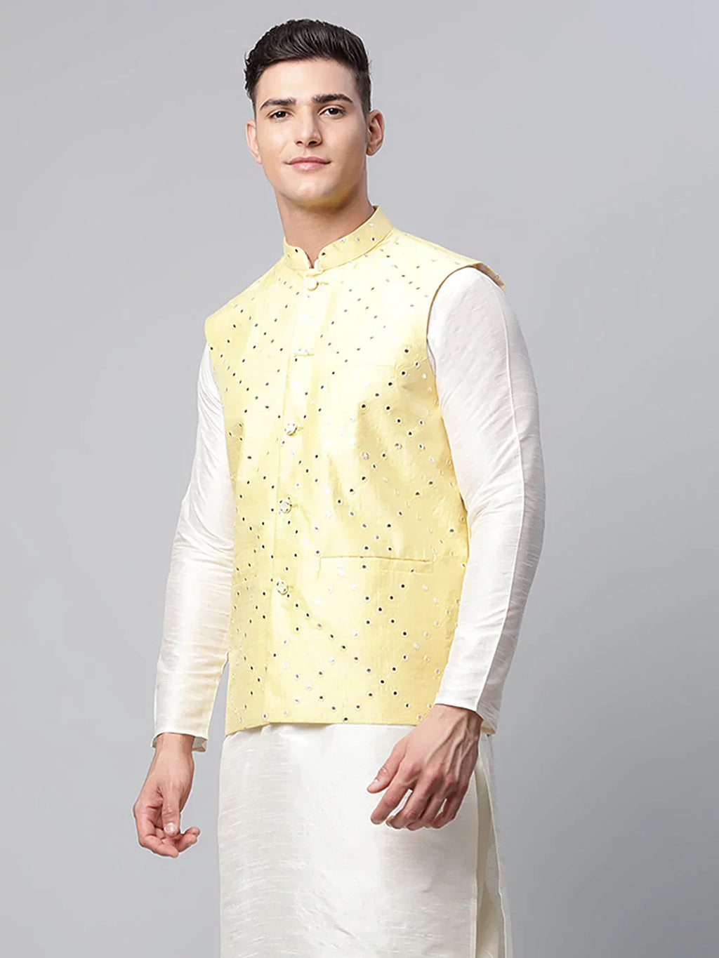 Jompers Men's Yellow Mirror Work Embroidered Nehru Jacket | Grocsy