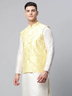Jompers Men's Yellow Mirror Work Embroidered Nehru Jacket | Grocsy