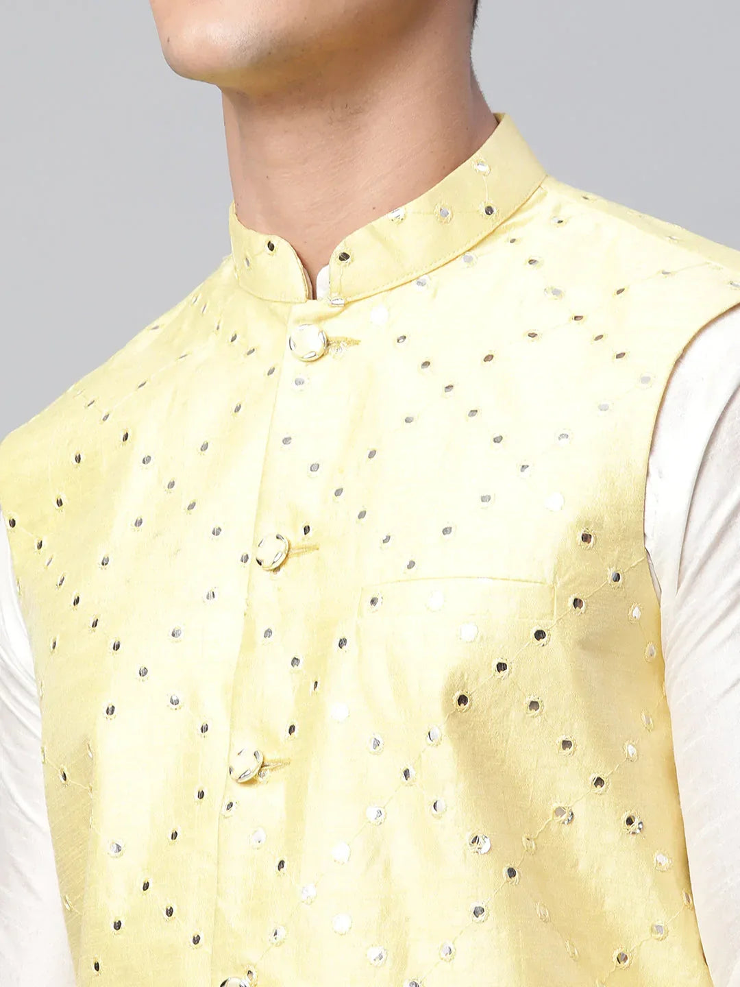 Jompers Men's Yellow Mirror Work Embroidered Nehru Jacket | Grocsy