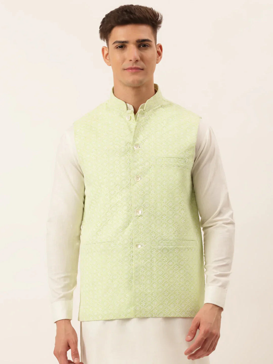 Jompers Men's Green Embroidered Nehru Jackets | Grocsy