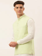 Jompers Men's Green Embroidered Nehru Jackets | Grocsy