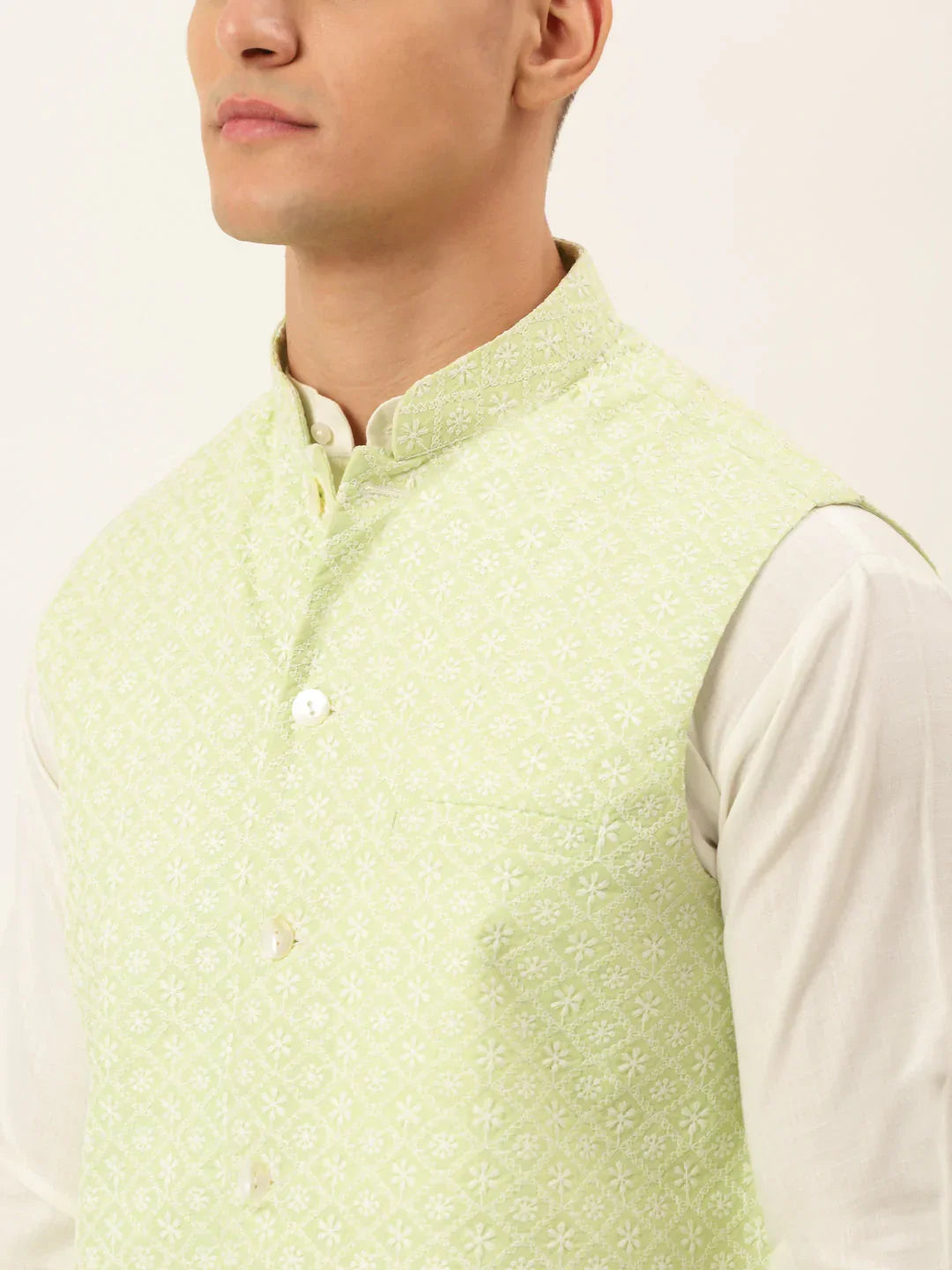 Jompers Men's Green Embroidered Nehru Jackets | Grocsy