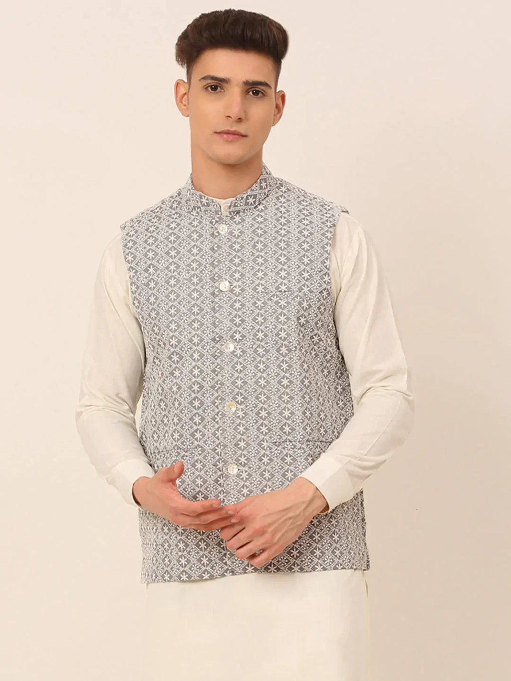 Jompers Men's Grey Embroidered Nehru Jackets | Grocsy