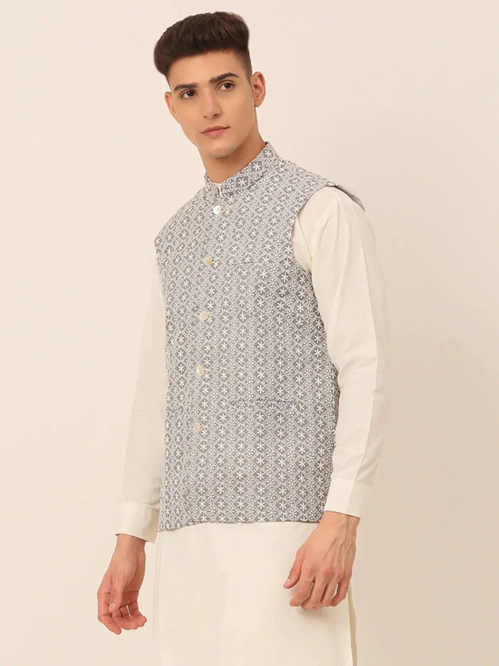 Jompers Men's Grey Embroidered Nehru Jackets | Grocsy
