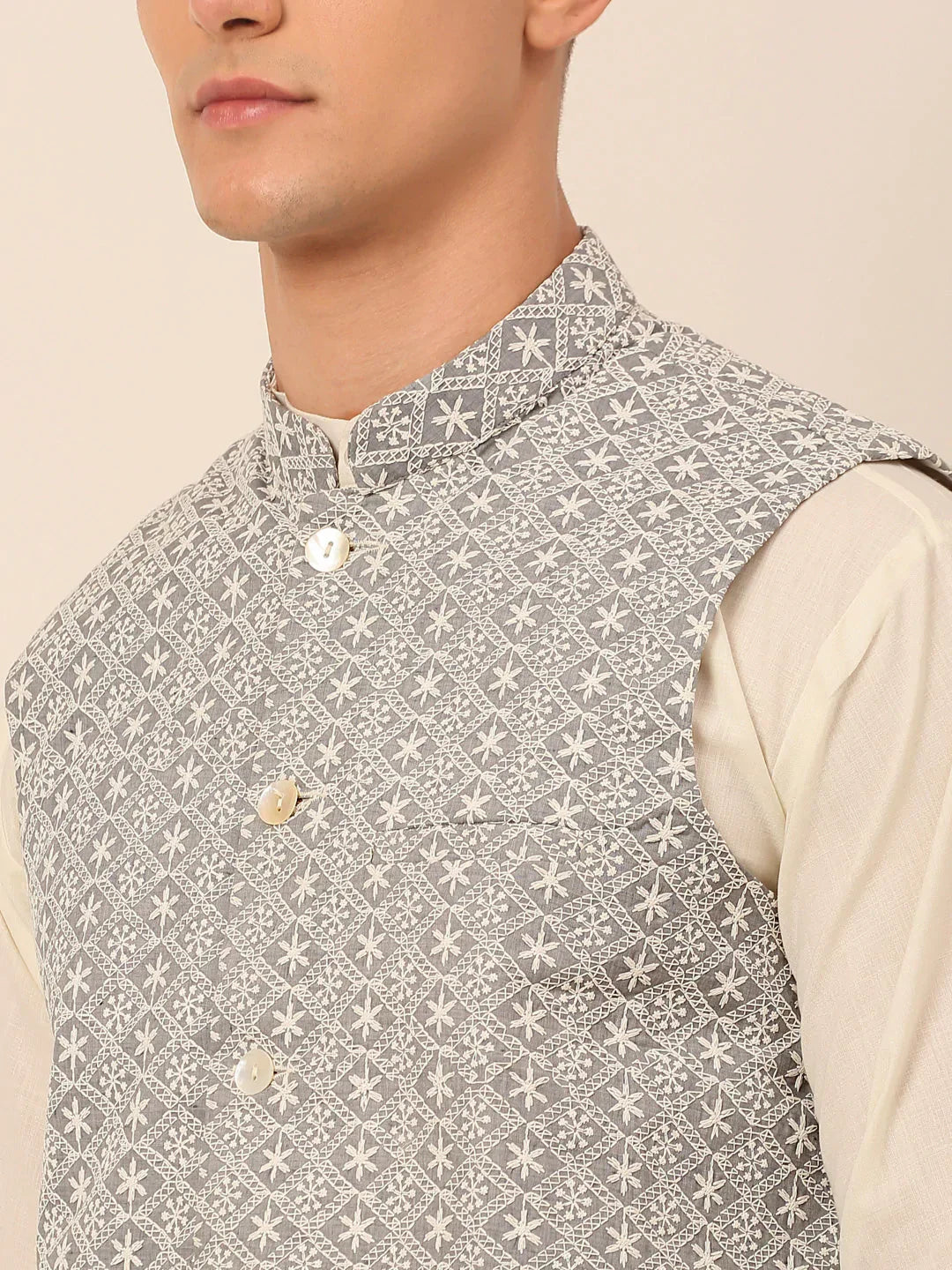 Jompers Men's Grey Embroidered Nehru Jackets | Grocsy