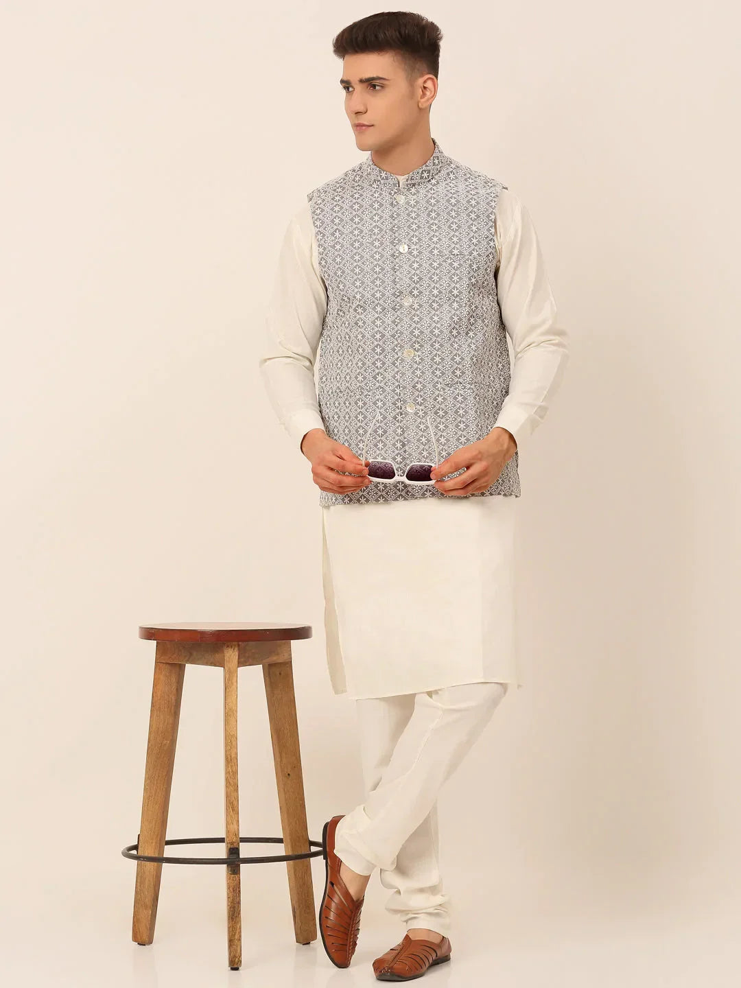 Jompers Men's Grey Embroidered Nehru Jackets | Grocsy