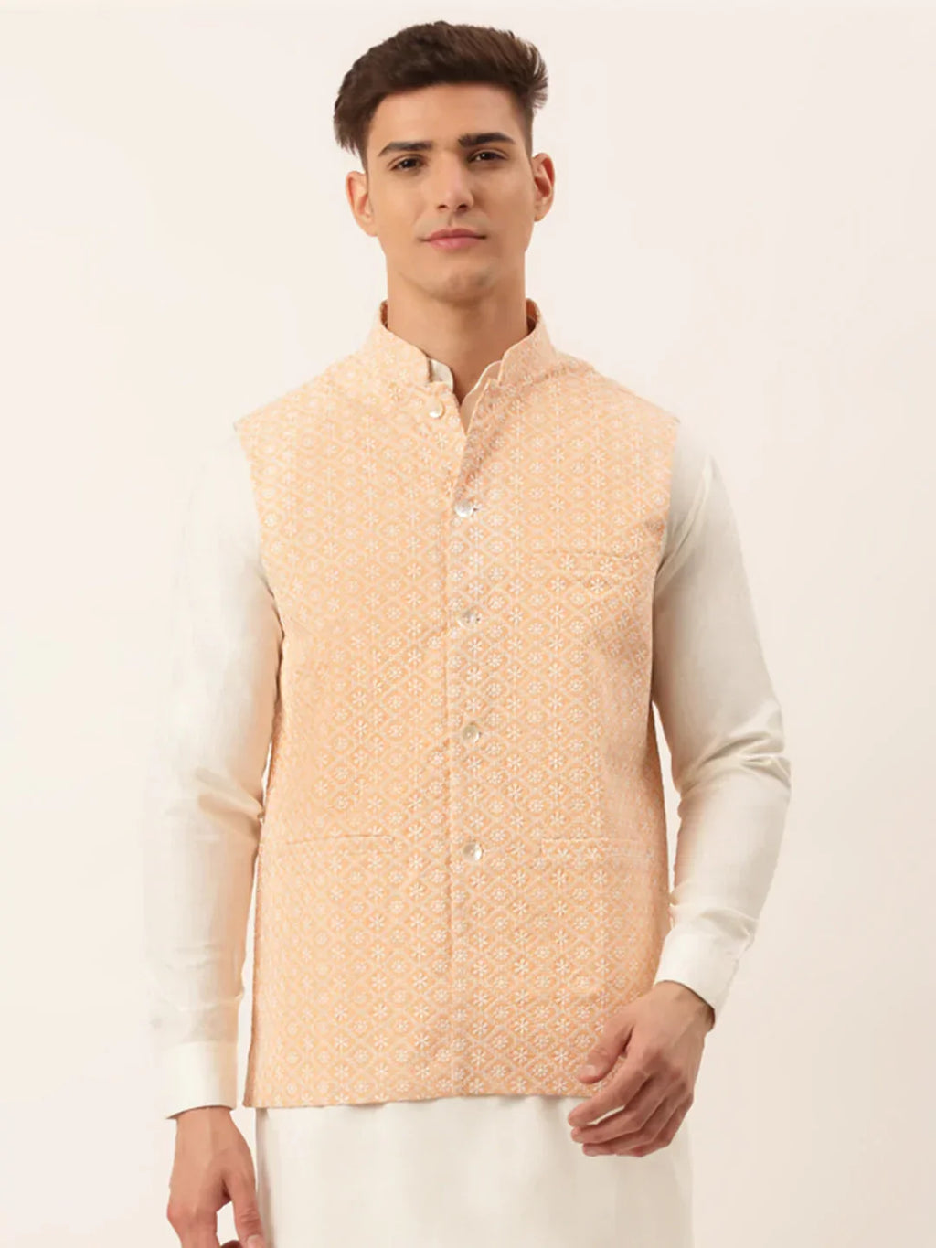 Jompers Men's Orange Embroidered Nehru Jackets | Grocsy