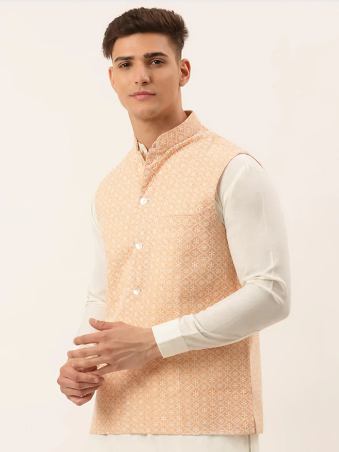 Jompers Men's Orange Embroidered Nehru Jackets | Grocsy