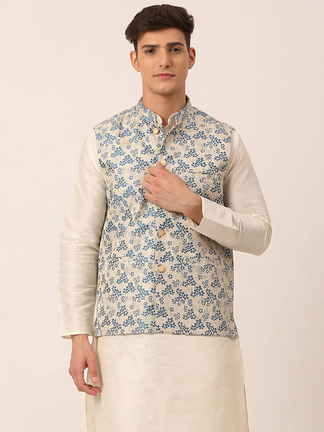Jompers Men's Blue Floral Design Nehru Jacket | Grocsy