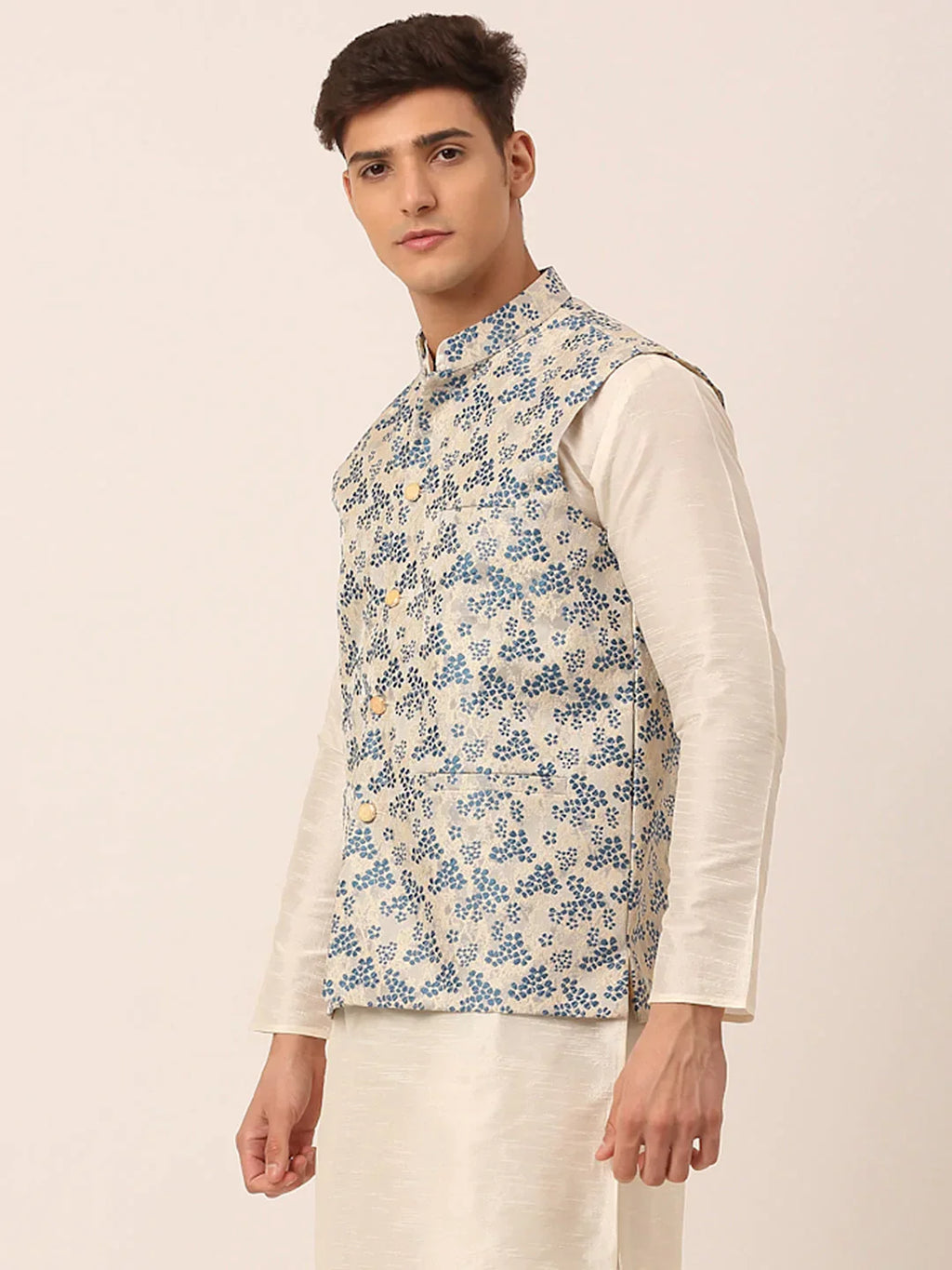 Jompers Men's Blue Floral Design Nehru Jacket | Grocsy