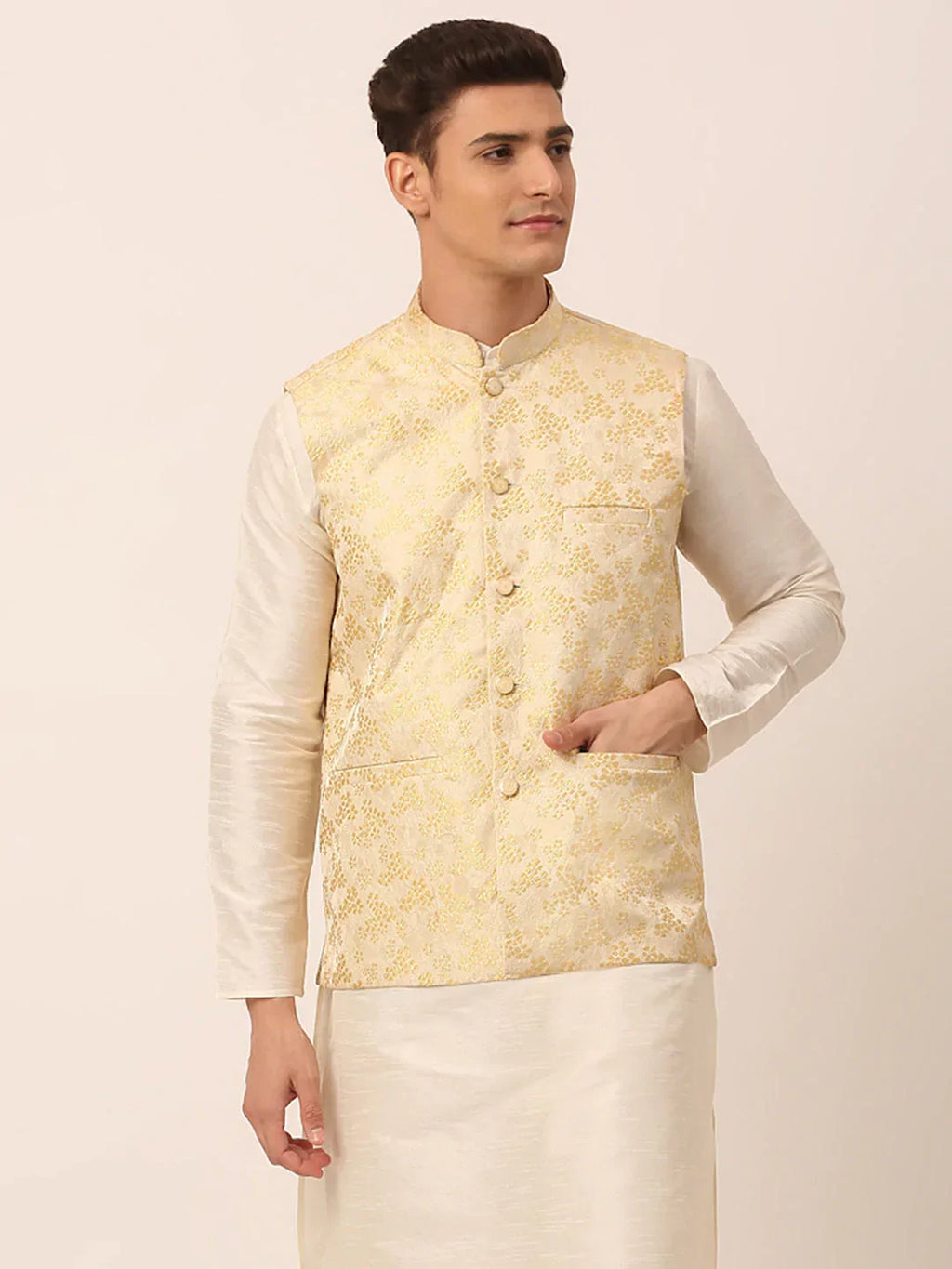 Jompers Men's Golden Floral Design Nehru Jacket | Grocsy