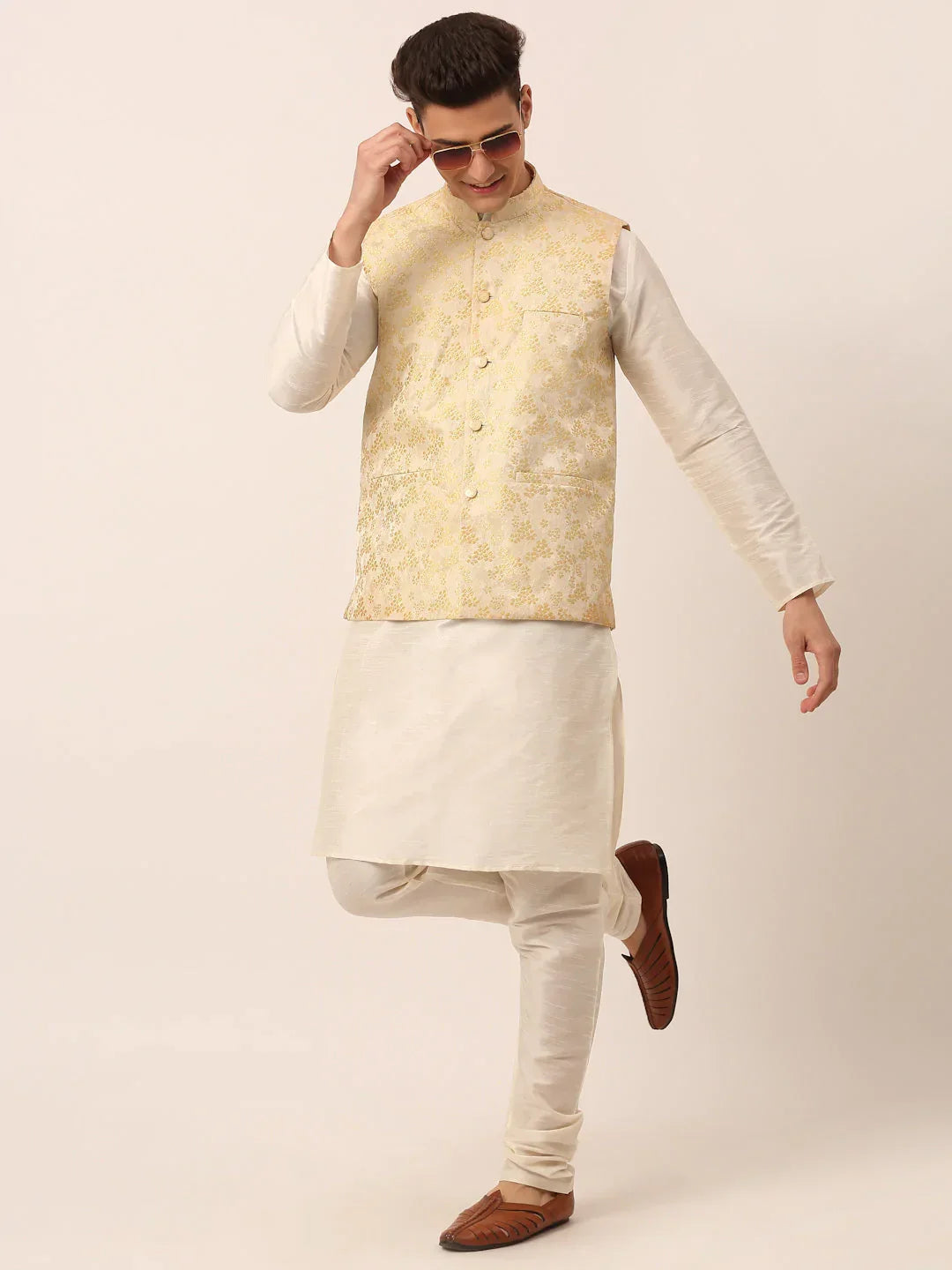 Jompers Men's Golden Floral Design Nehru Jacket | Grocsy