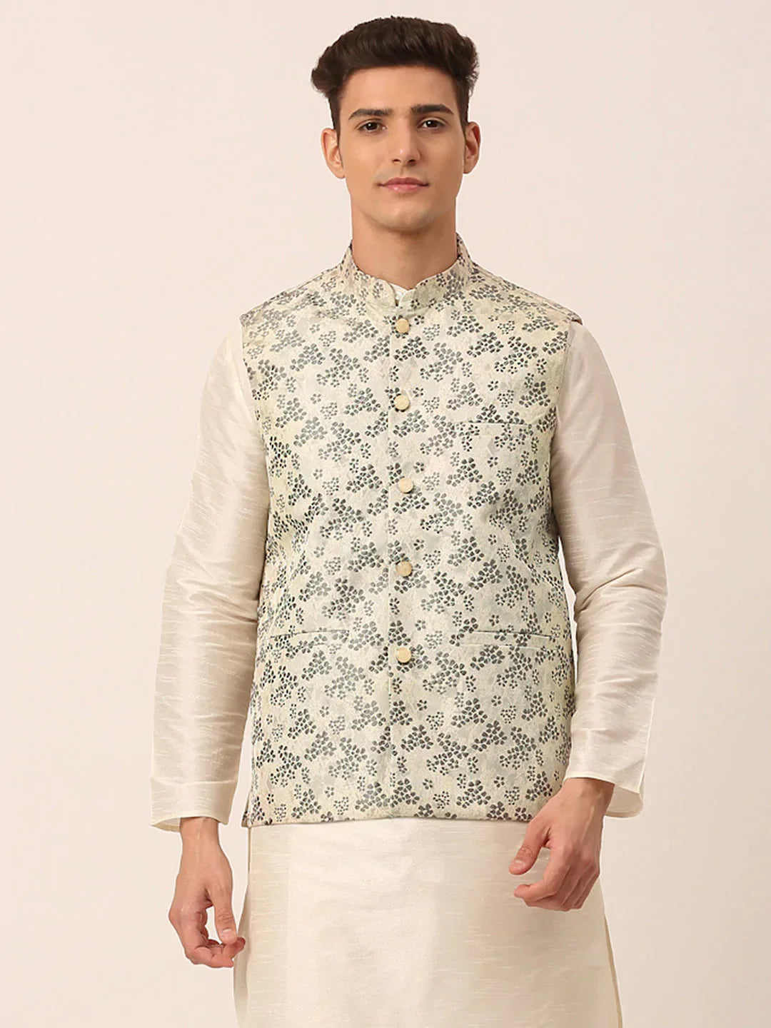 Jompers Men's Grey Floral Design Nehru Jacket | Grocsy