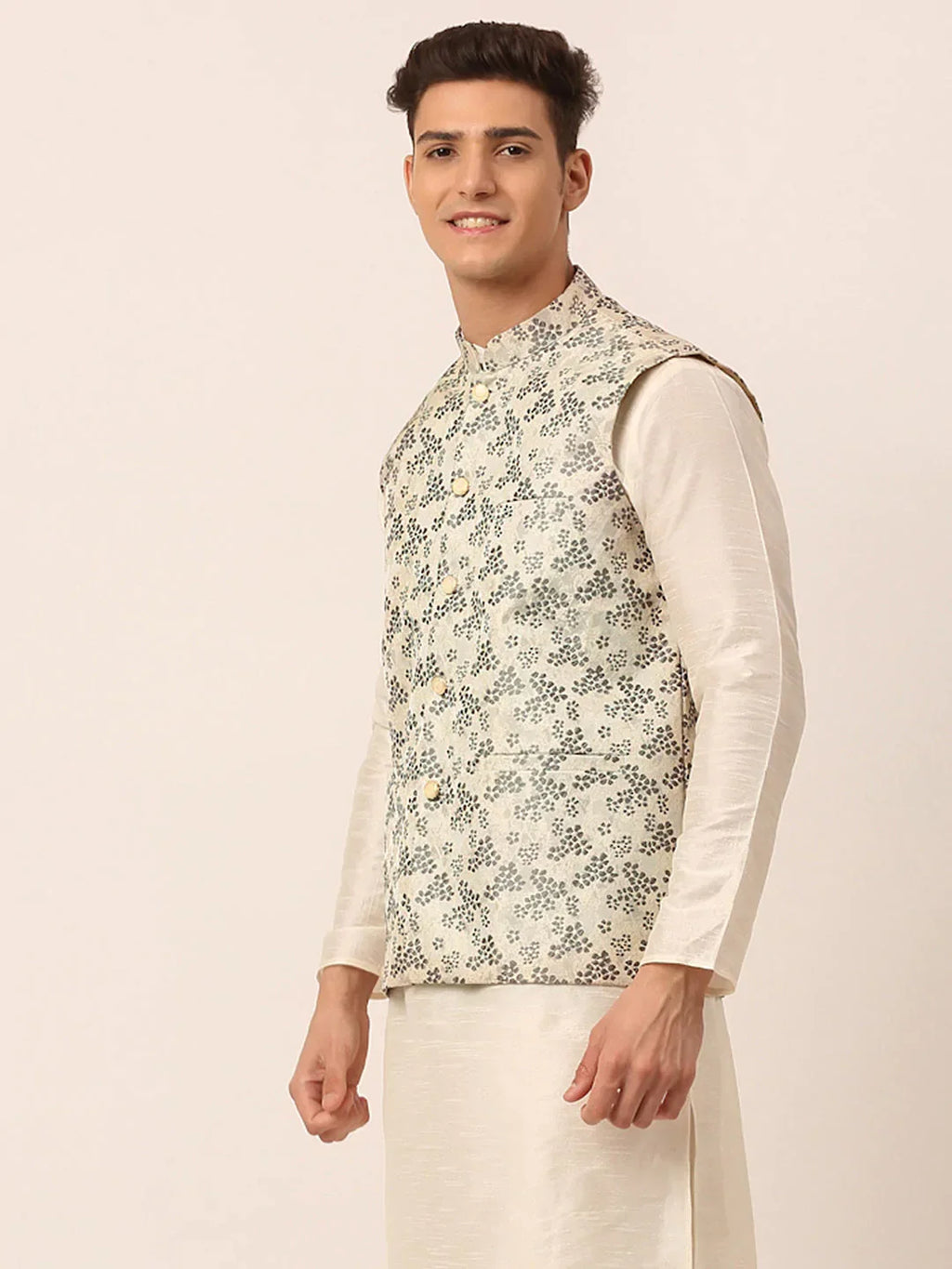 Jompers Men's Grey Floral Design Nehru Jacket | Grocsy