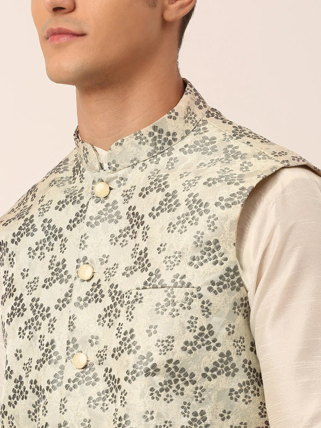 Jompers Men's Grey Floral Design Nehru Jacket | Grocsy