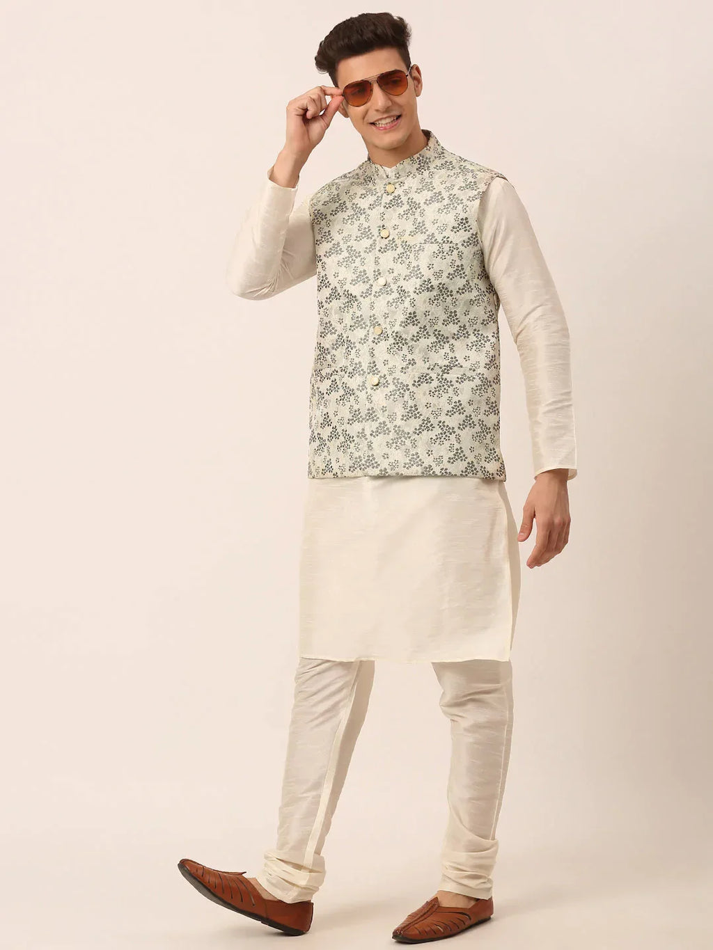 Jompers Men's Grey Floral Design Nehru Jacket | Grocsy