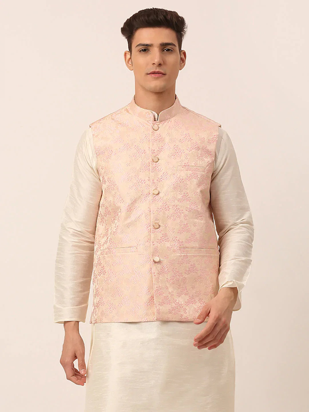 Jompers Men's Pink Floral Design Nehru Jacket | Grocsy