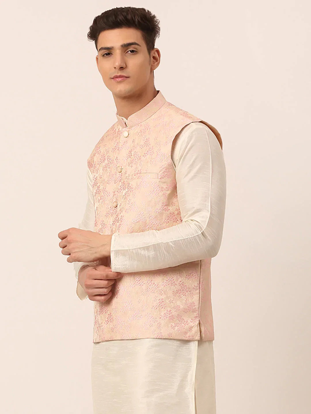 Jompers Men's Pink Floral Design Nehru Jacket | Grocsy