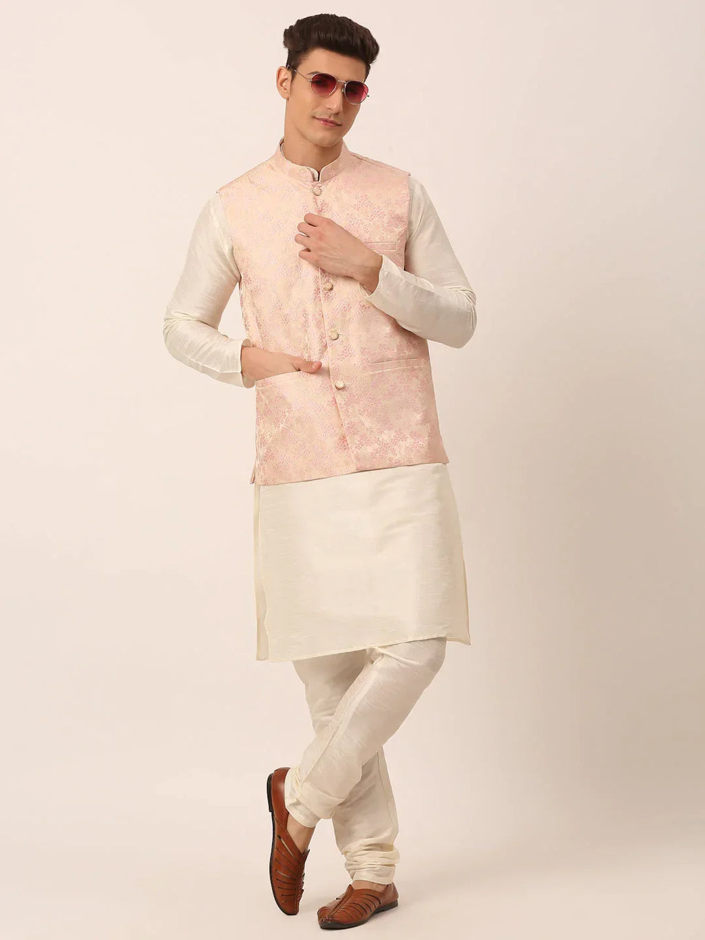 Jompers Men's Pink Floral Design Nehru Jacket | Grocsy