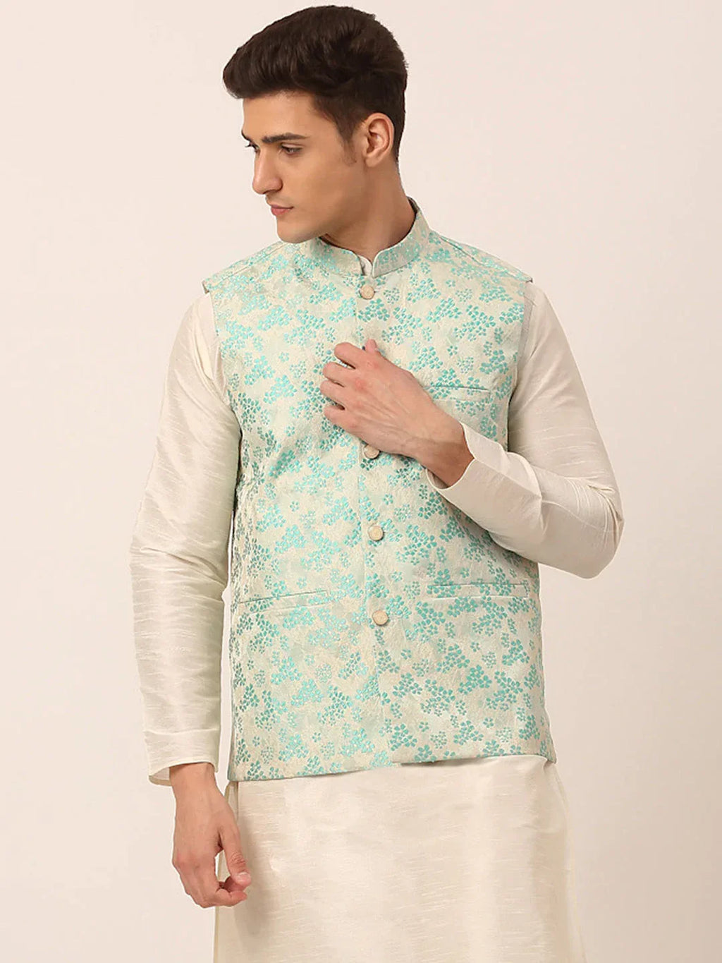 Jompers Men's Sky Blue Floral Design Nehru Jacket | Grocsy