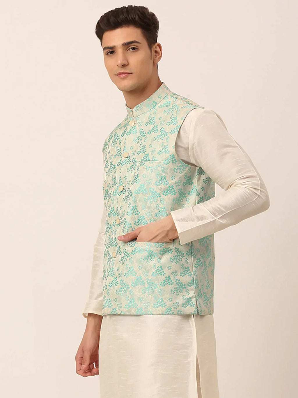 Jompers Men's Sky Blue Floral Design Nehru Jacket | Grocsy