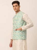 Jompers Men's Sky Blue Floral Design Nehru Jacket | Grocsy