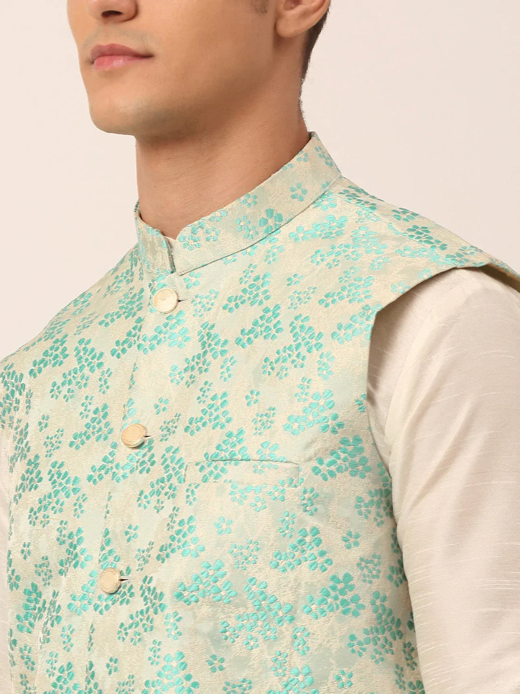 Jompers Men's Sky Blue Floral Design Nehru Jacket | Grocsy