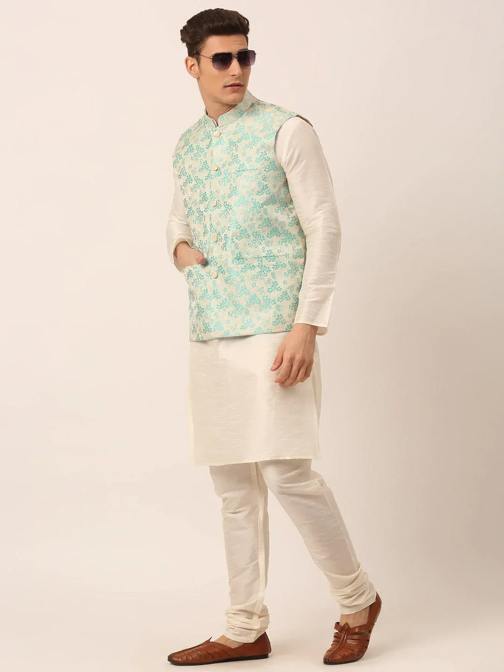 Jompers Men's Sky Blue Floral Design Nehru Jacket | Grocsy