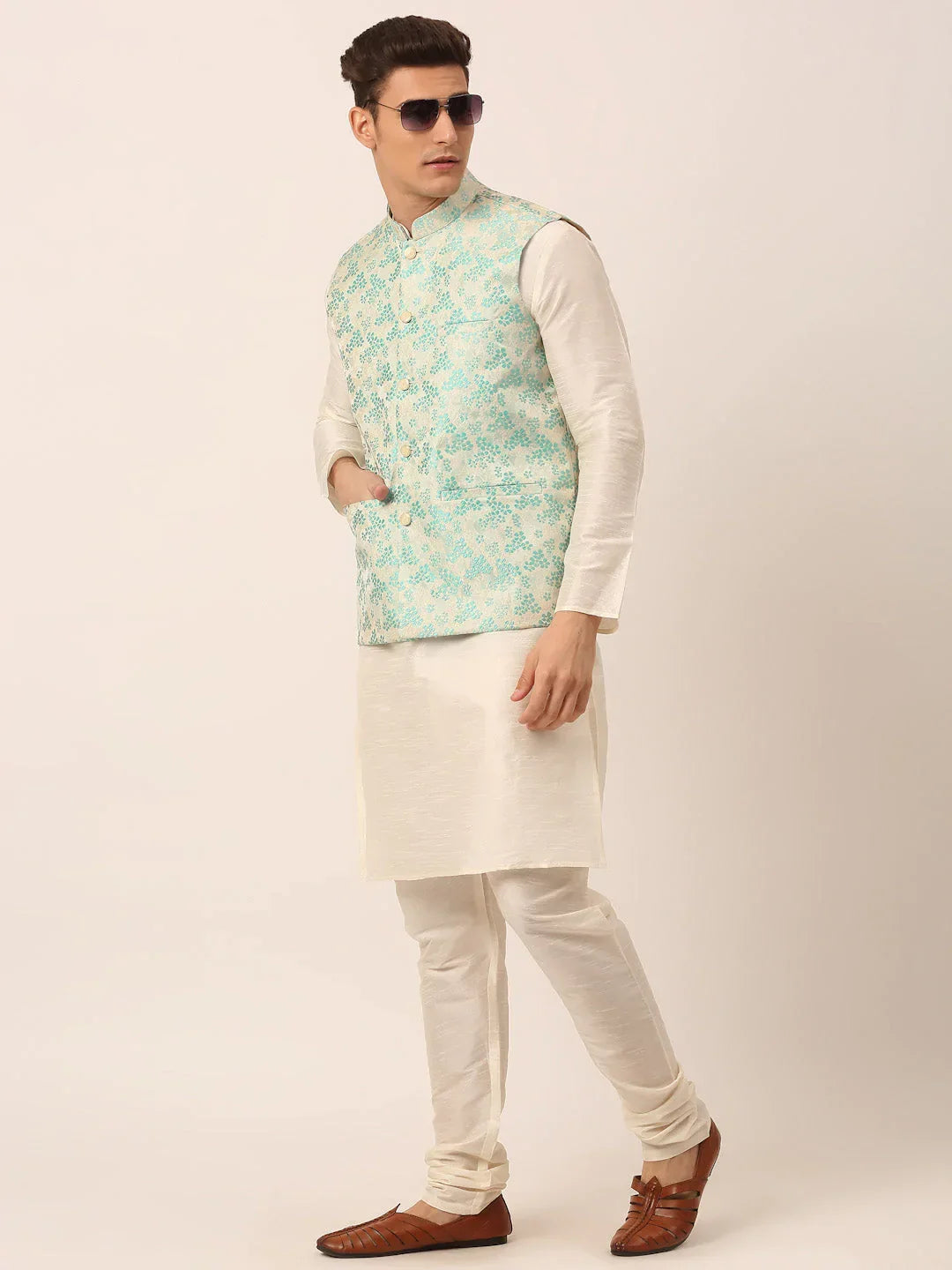 Jompers Men's Sky Blue Floral Design Nehru Jacket | Grocsy