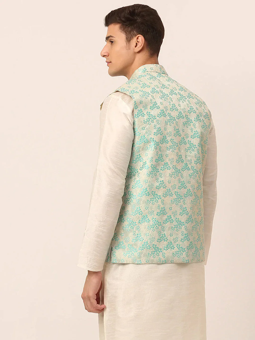 Jompers Men's Sky Blue Floral Design Nehru Jacket | Grocsy