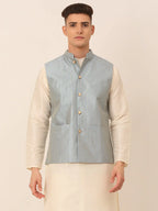 Jompers Men's Blue & Golden Embroidered Nehru Jackets | Grocsy