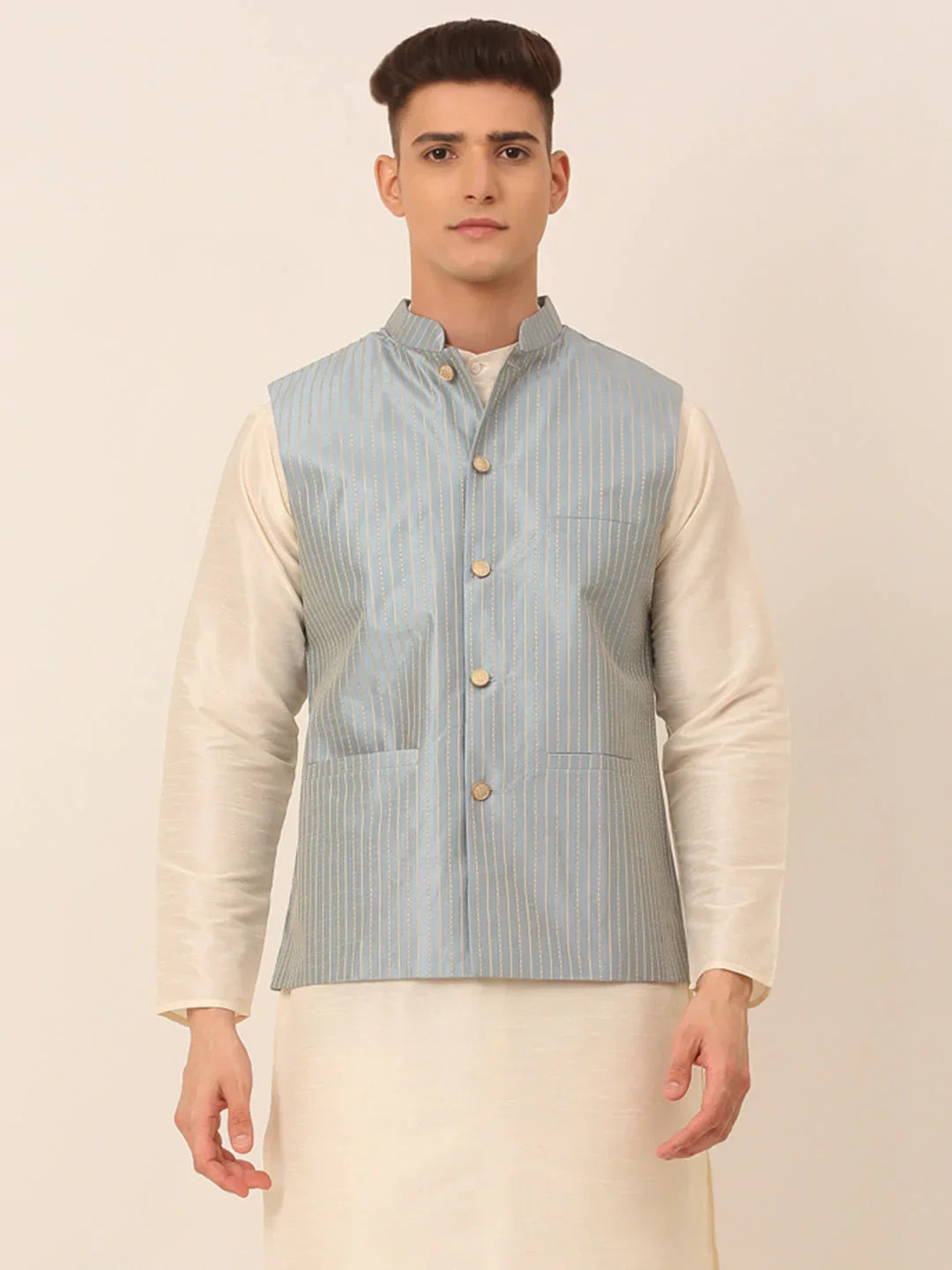 Jompers Men's Blue & Golden Embroidered Nehru Jackets | Grocsy