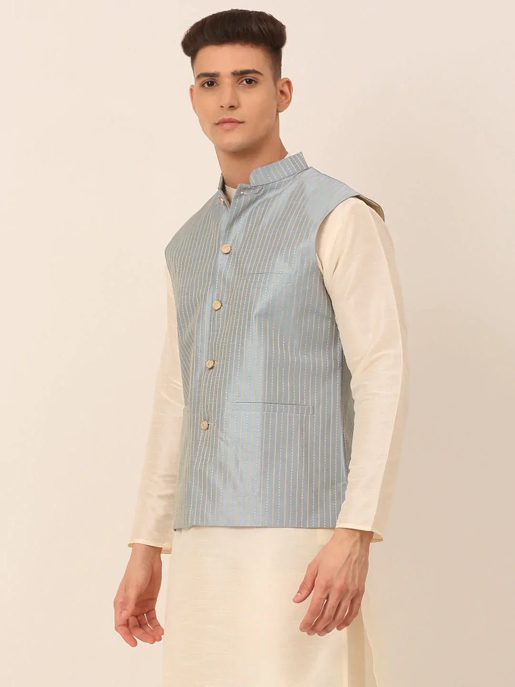 Jompers Men's Blue & Golden Embroidered Nehru Jackets | Grocsy