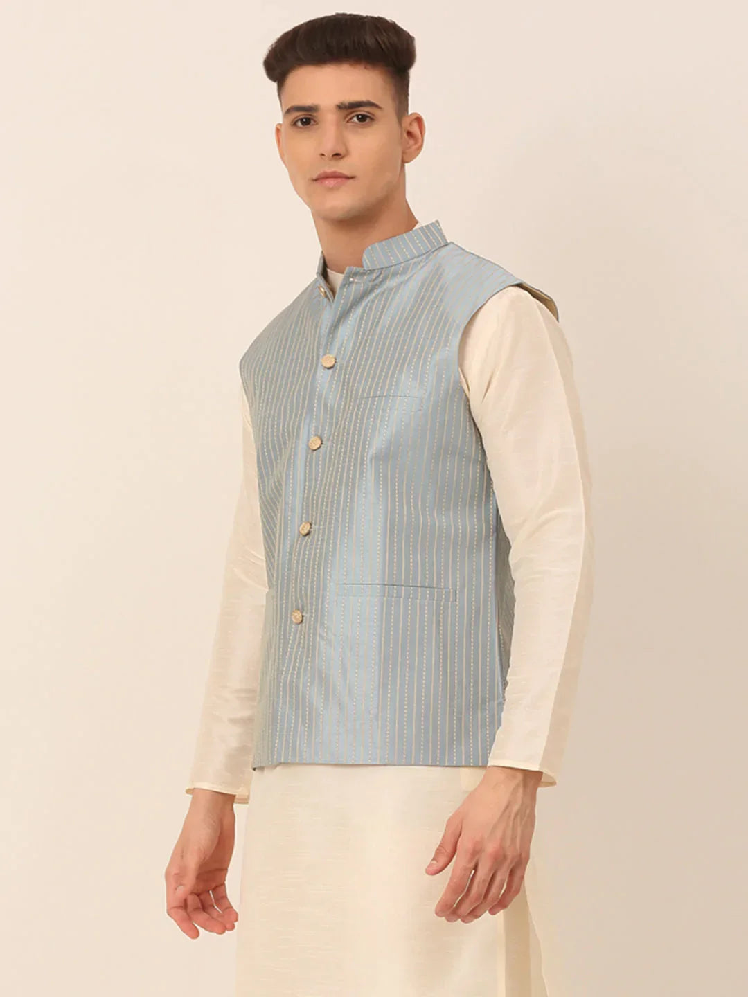 Jompers Men's Blue & Golden Embroidered Nehru Jackets | Grocsy