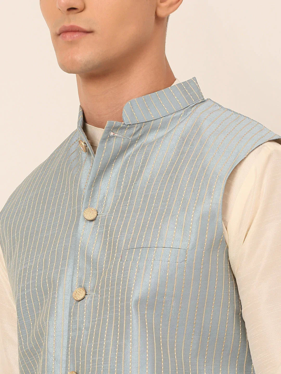 Jompers Men's Blue & Golden Embroidered Nehru Jackets | Grocsy