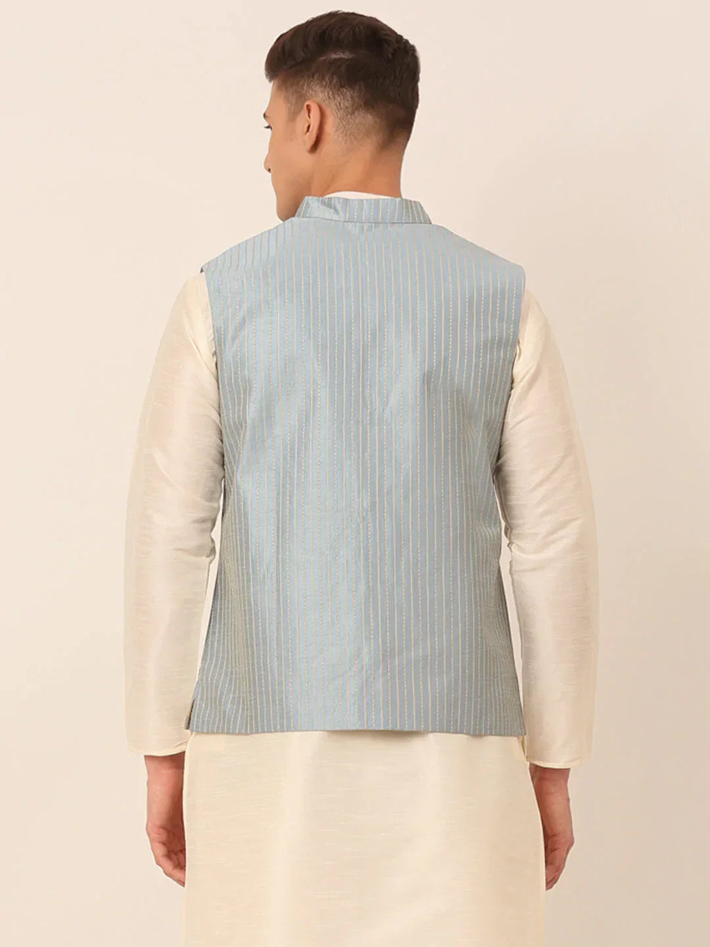 Jompers Men's Blue & Golden Embroidered Nehru Jackets | Grocsy