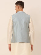 Jompers Men's Blue & Golden Embroidered Nehru Jackets | Grocsy