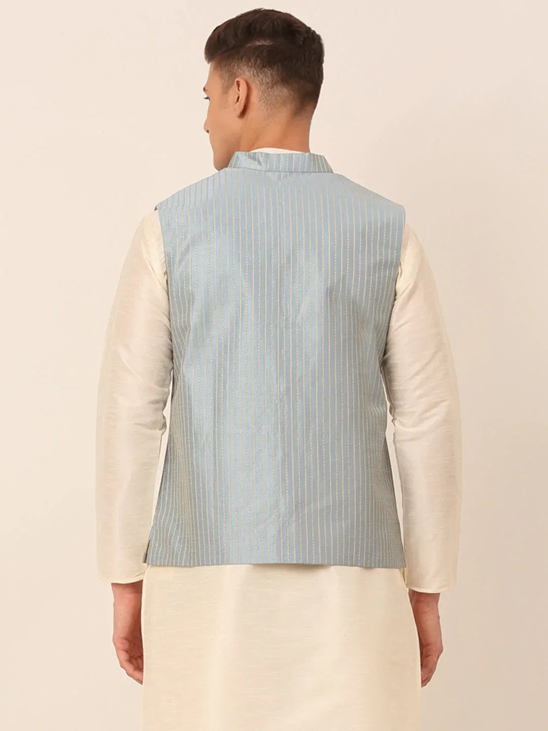 Jompers Men's Blue & Golden Embroidered Nehru Jackets | Grocsy