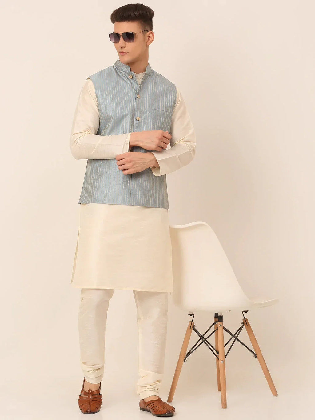 Jompers Men's Blue & Golden Embroidered Nehru Jackets | Grocsy