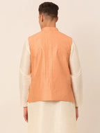 Jompers Men's Peach & Golden Embroidered Nehru Jackets | Grocsy